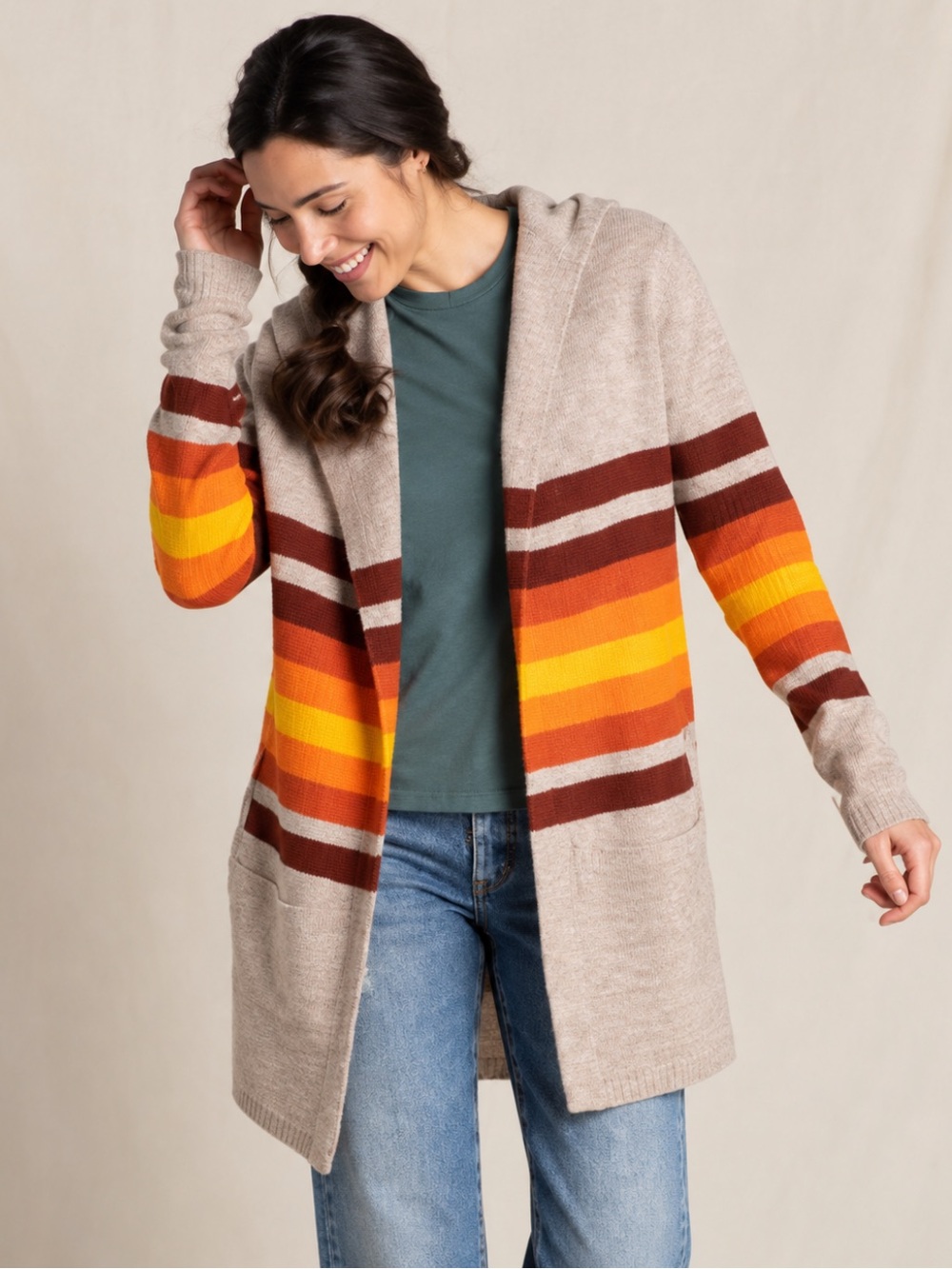 Toad & Co 100% Wool Heartfelt Hoodie Open Knit Cardigan Tunic Sweater Tan Small